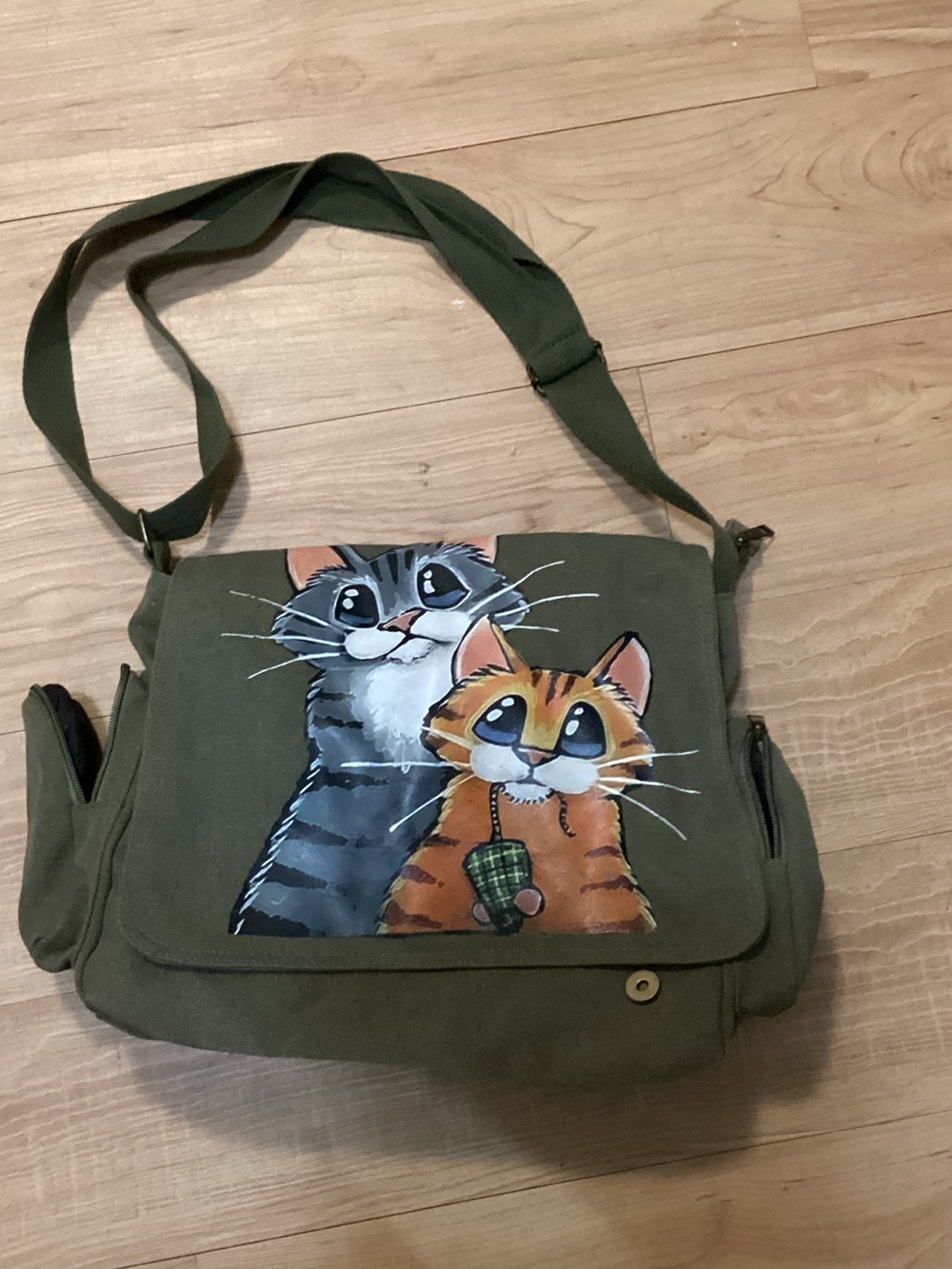 Olive Green Cat Canvas Messenger Bag with Cute Cat Print small spot in the back